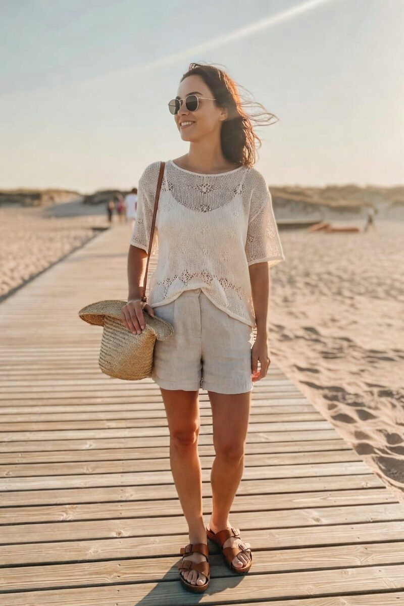 white crochet knit top with beige linen shorts