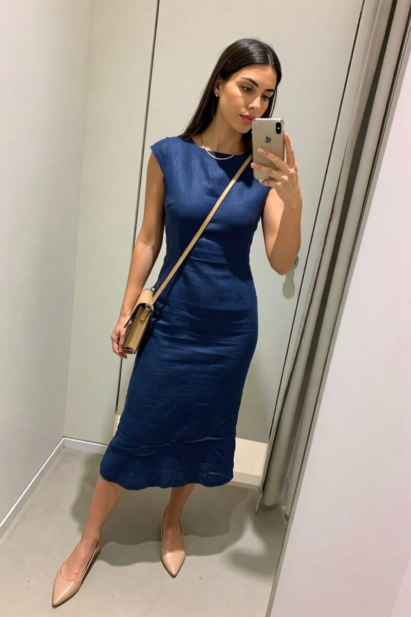 navy midi dress with beige accessories