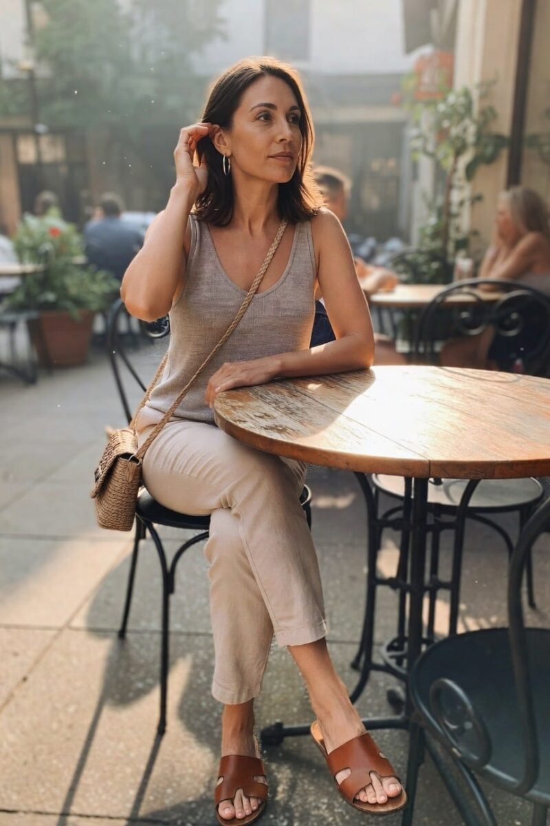 beige knit tank with neutral cropped pants