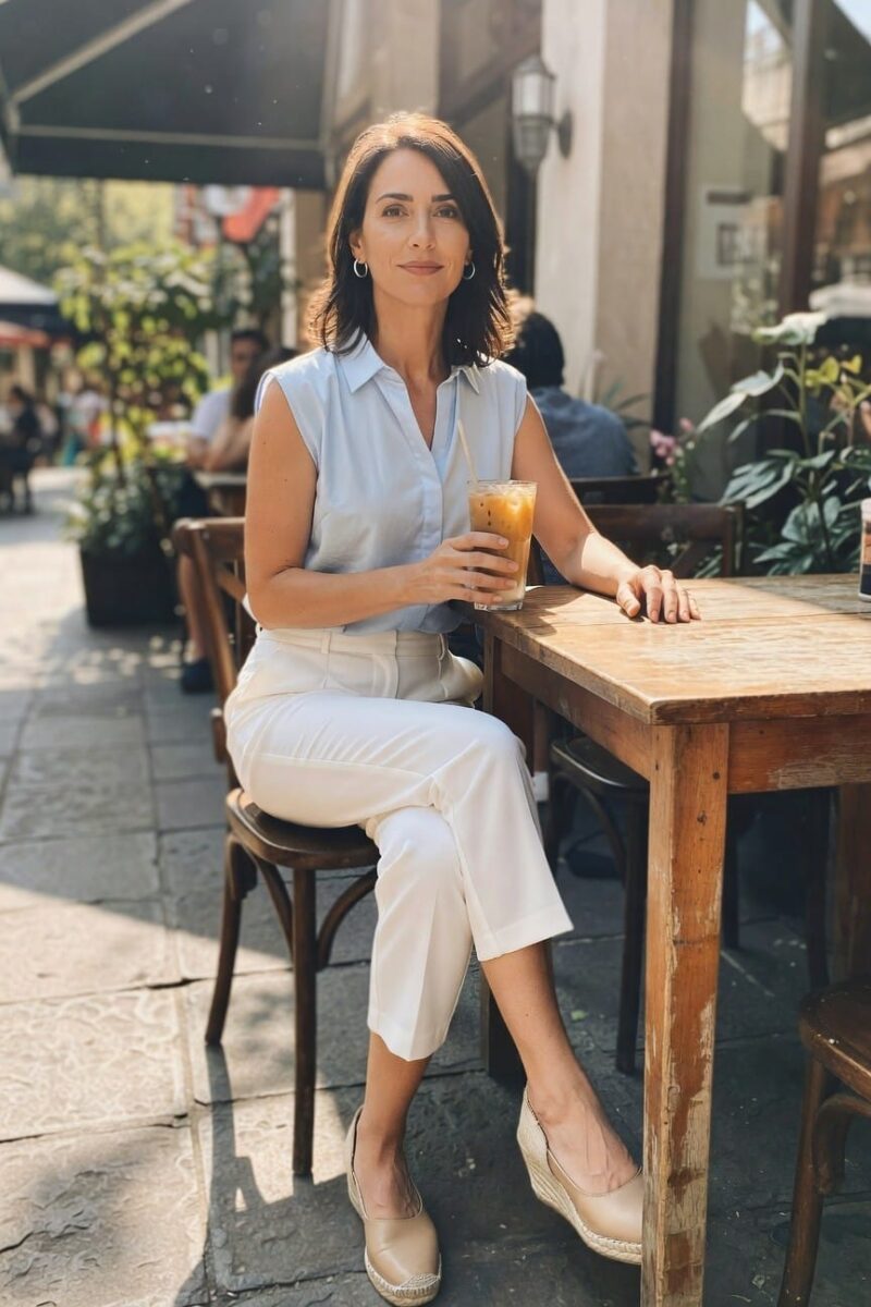 light blue sleeveless shirt with white cropped pants