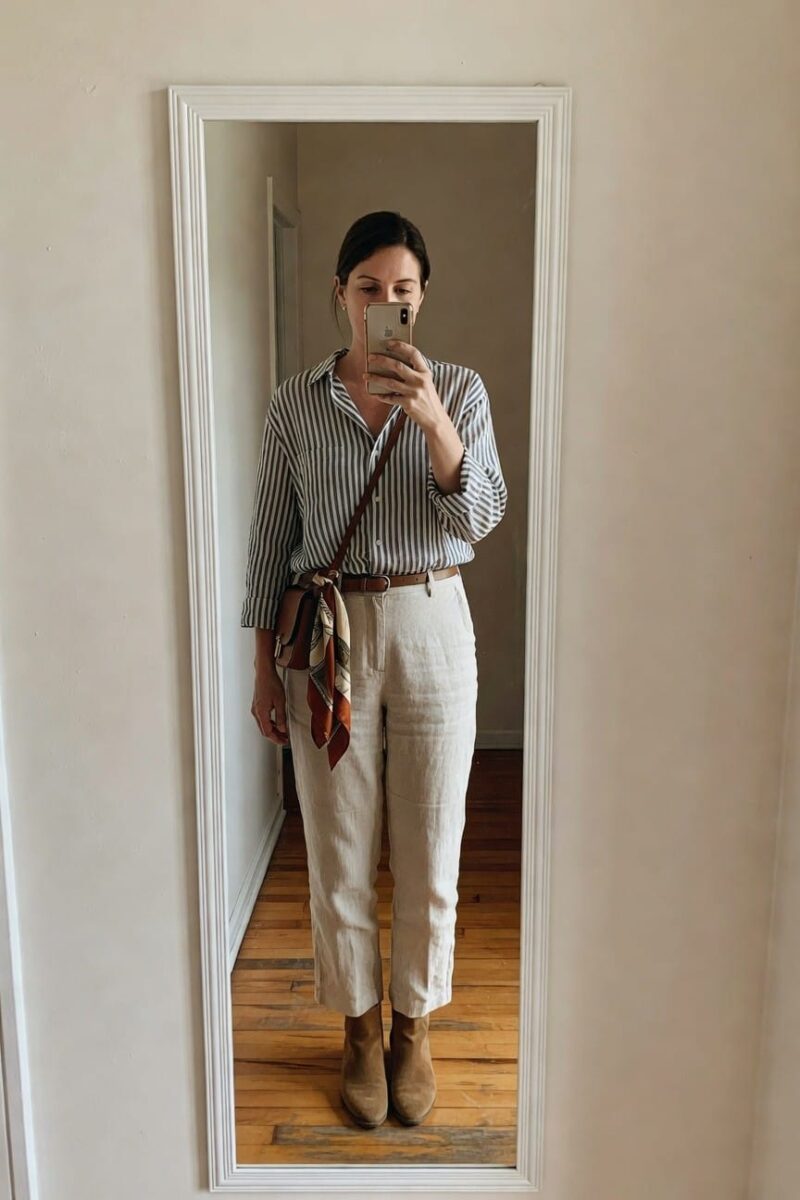 striped button-up with loose linen pants
