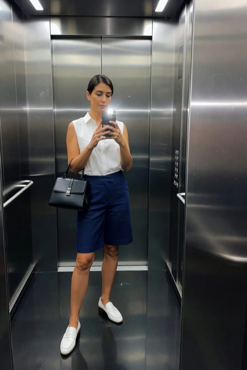 sleeveless white shirt with navy knee-length shorts