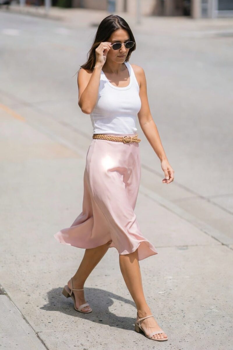 white ribbed tank with a blush satin midi skirt