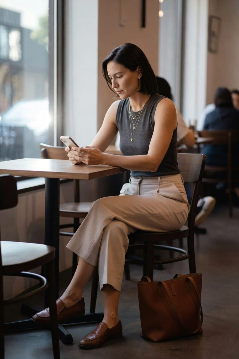 gray knit tank with beige wide-leg pants