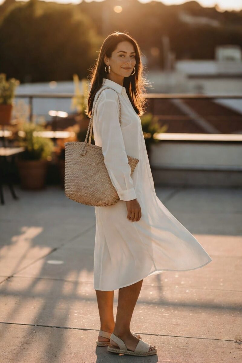 white shirt dress with layered straw bags