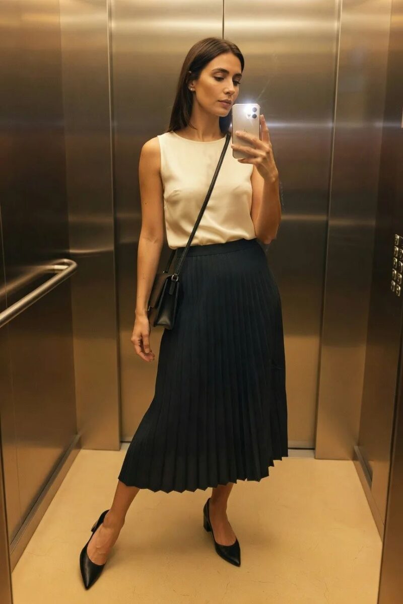 cream sleeveless top with navy pleated skirt