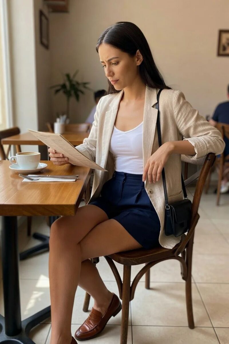 beige blazer with cropped shorts and sneakers