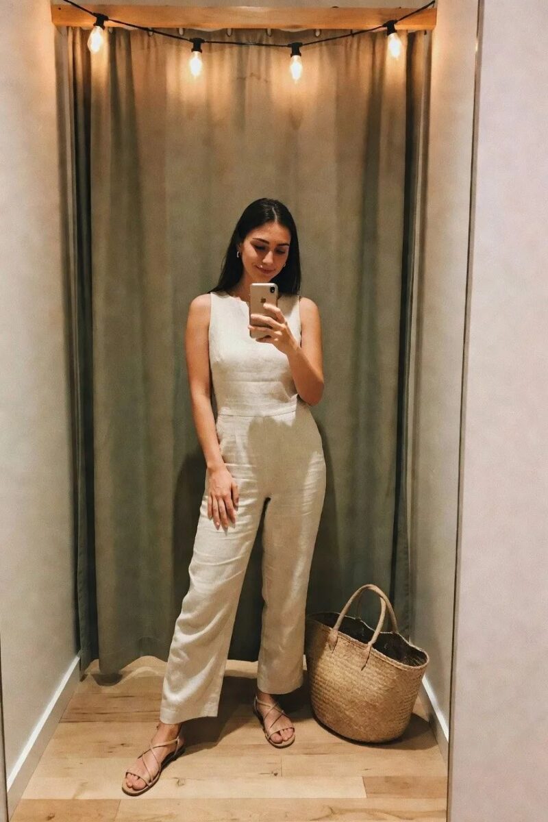 white linen jumpsuit with a braided belt