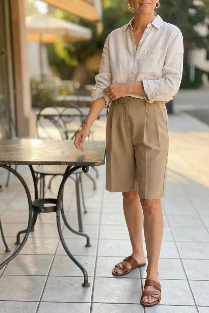 white tee styled with a pleated beige midi skirt