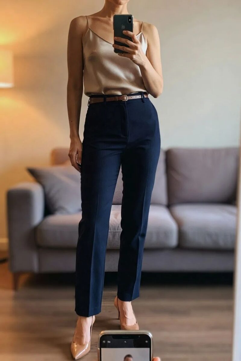 navy blazer with gray trousers and white camisole