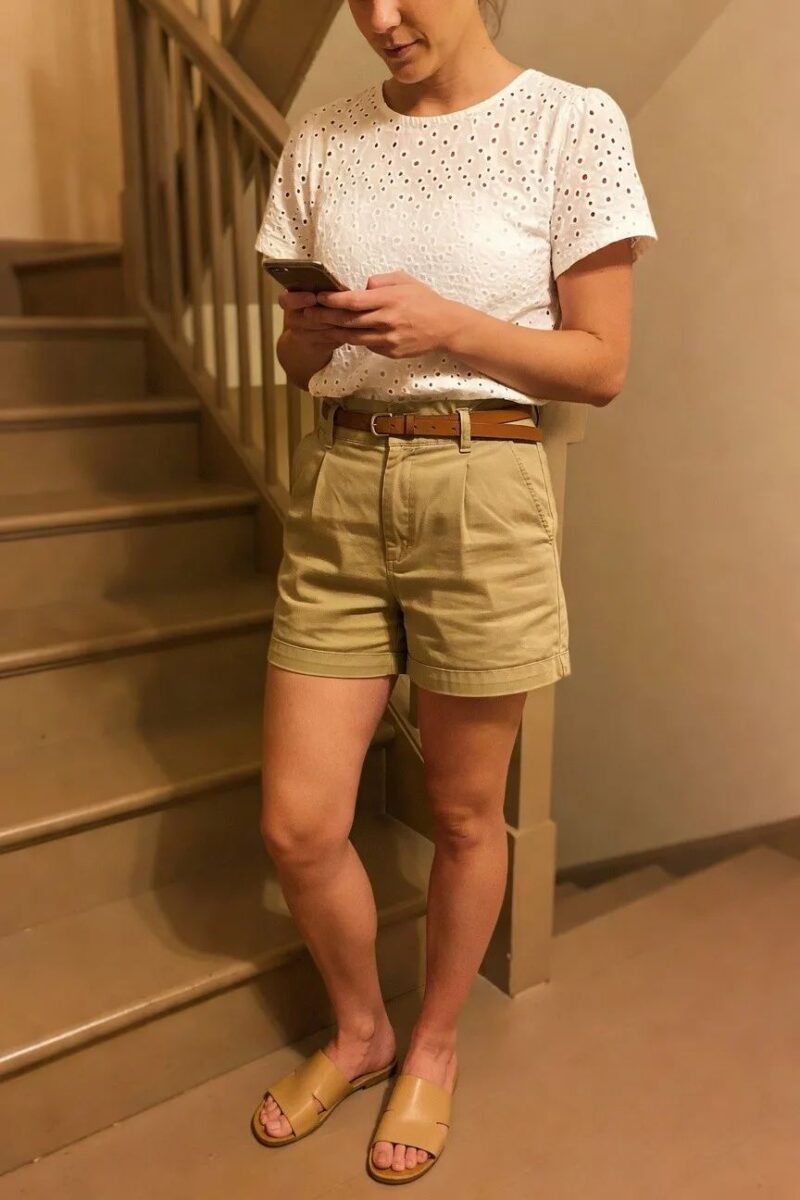 khaki shorts with a white eyelet top
