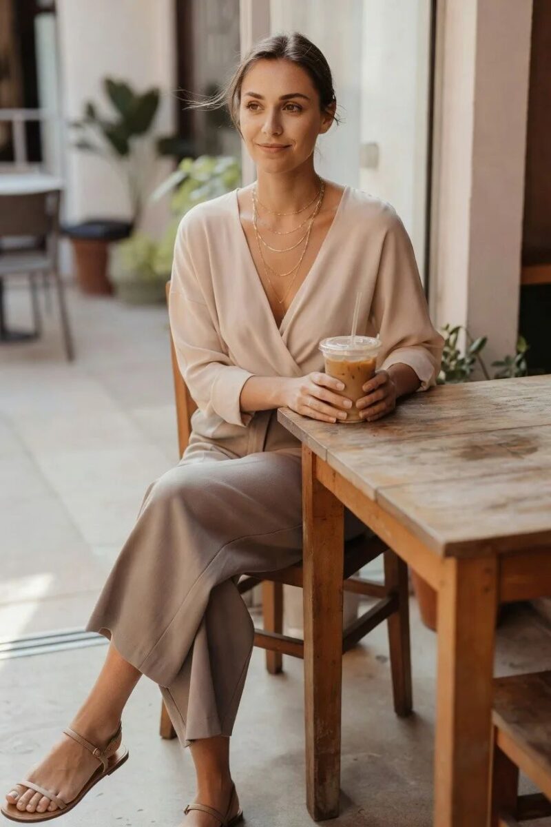 olive wrap top with light linen trousers