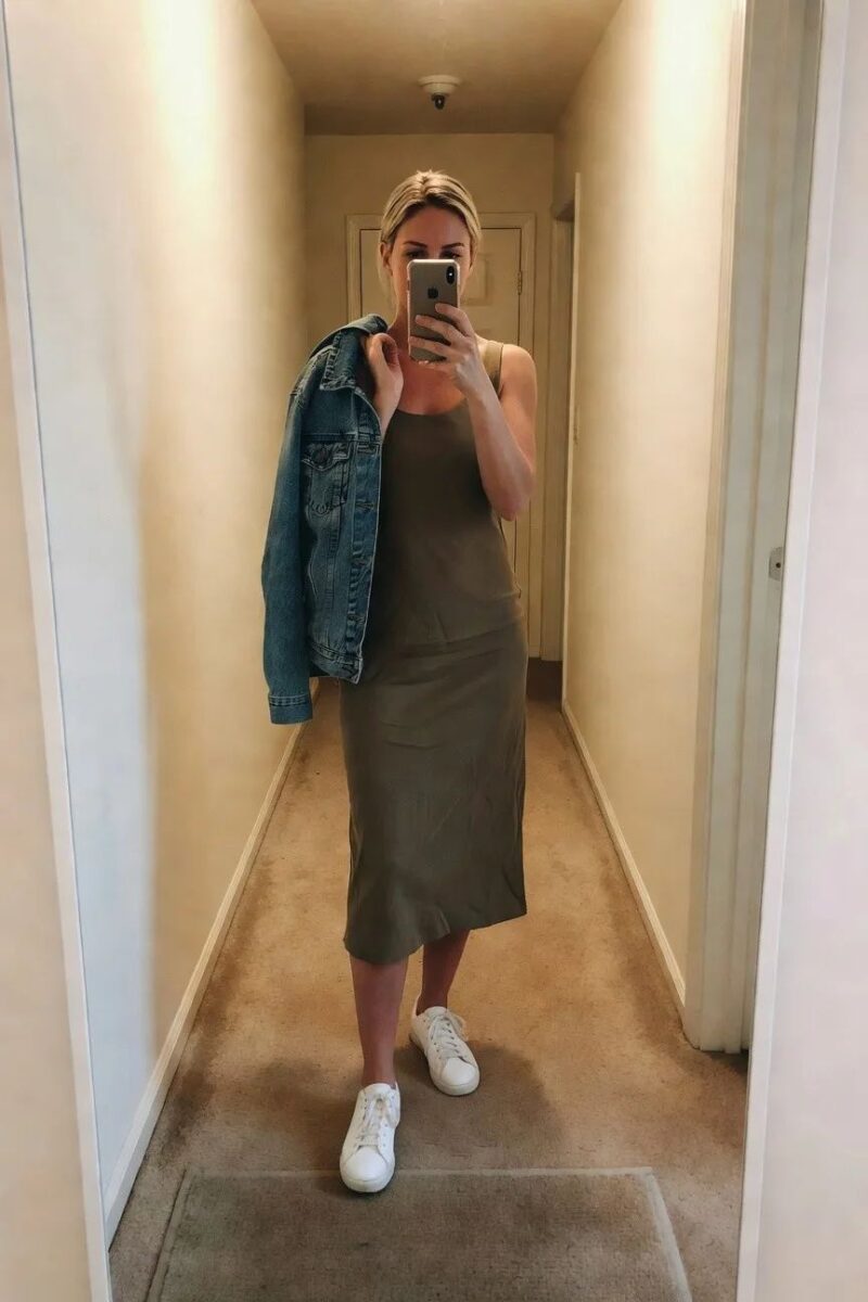 olive midi dress layered with denim and sneakers