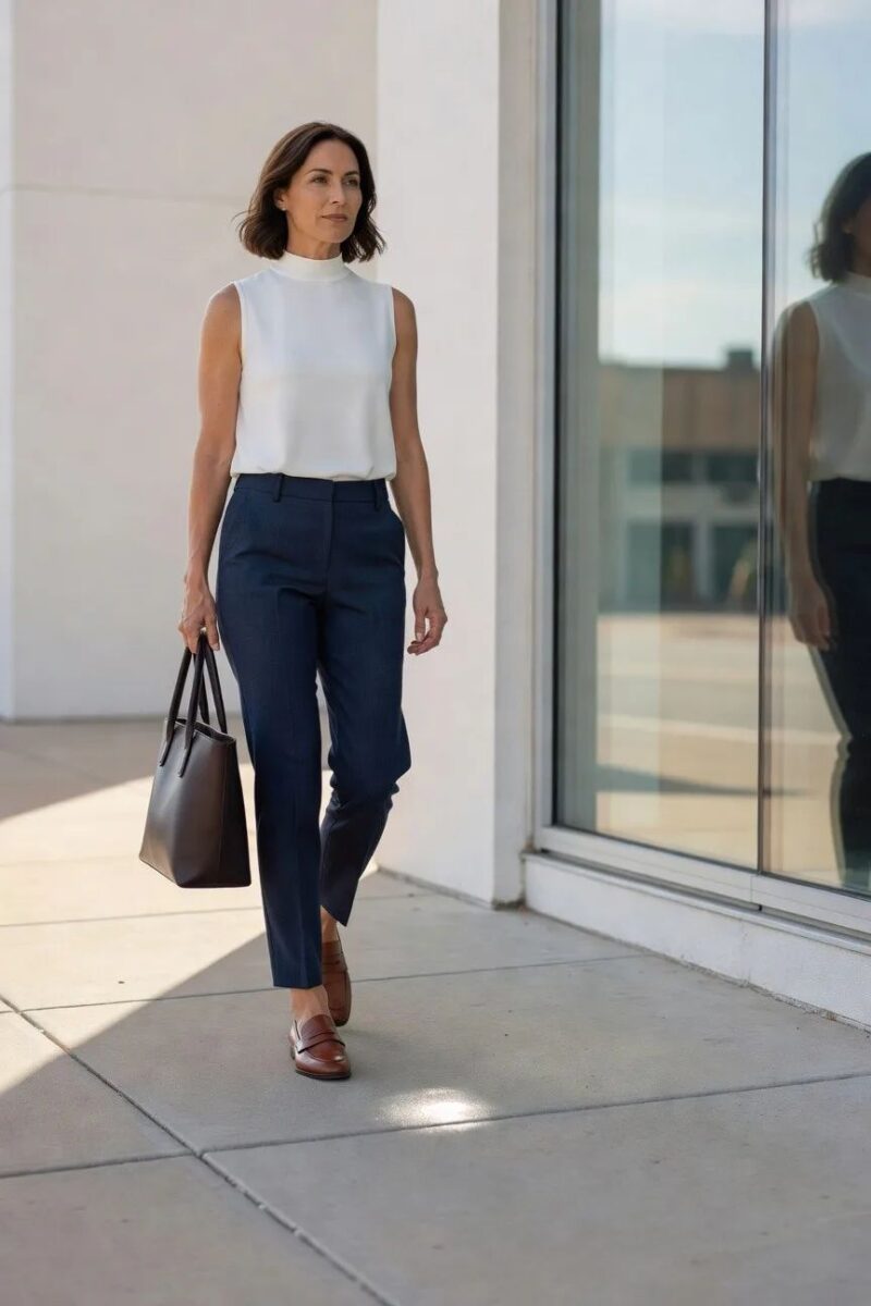 white sleeveless top with navy pinstripe trousers