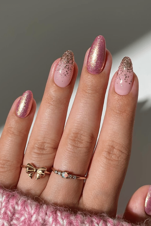Pink Champagne Sparkle Nails | Santa's Favorite 22 Pink Christmas Nails You'll Want to Copy This Holiday Season