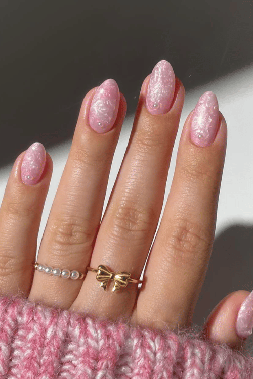 Pink Pearlescent Christmas Nails | Santa's Favorite 22 Pink Christmas Nails You'll Want to Copy This Holiday Season