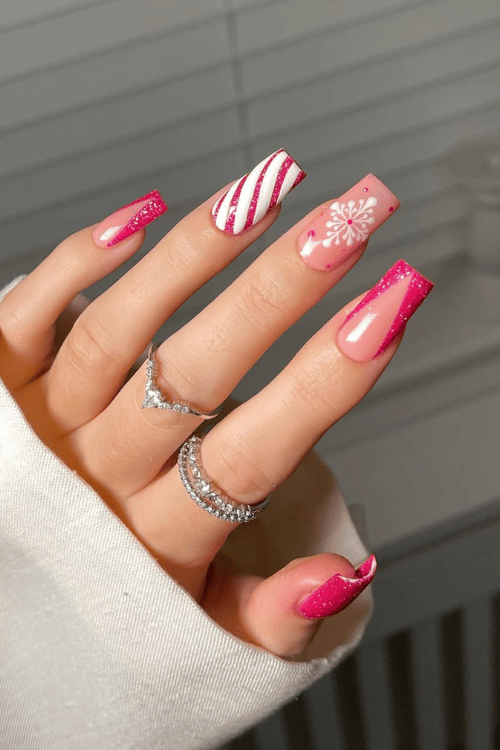 Pink Sugar Rush Snowflake Nails | Santa's Favorite 22 Pink Christmas Nails You'll Want to Copy This Holiday Season