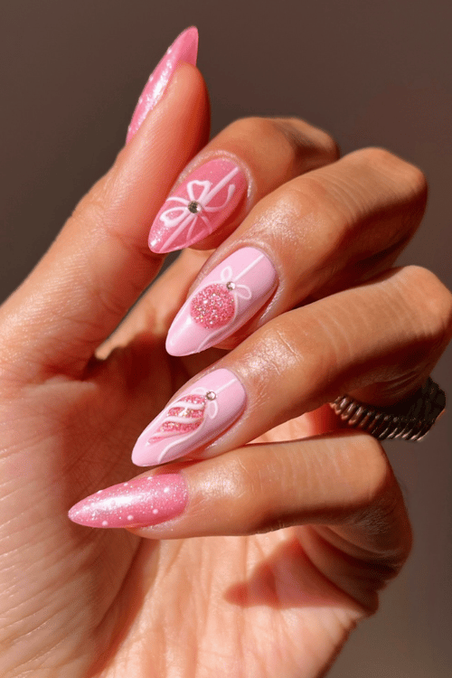 Blush Bauble Pink Christmas Nails | Santa's Favorite 22 Pink Christmas Nails You'll Want to Copy This Holiday Season