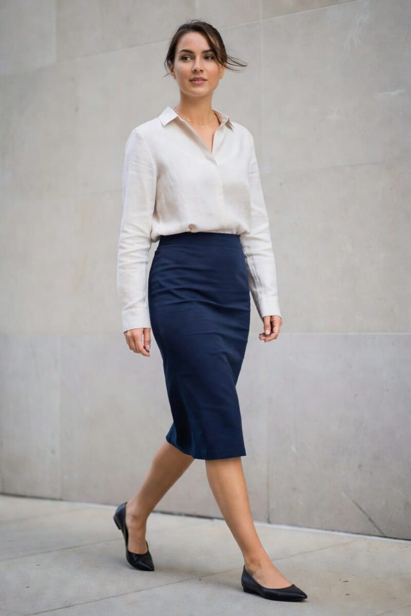white shirt and navy skirt