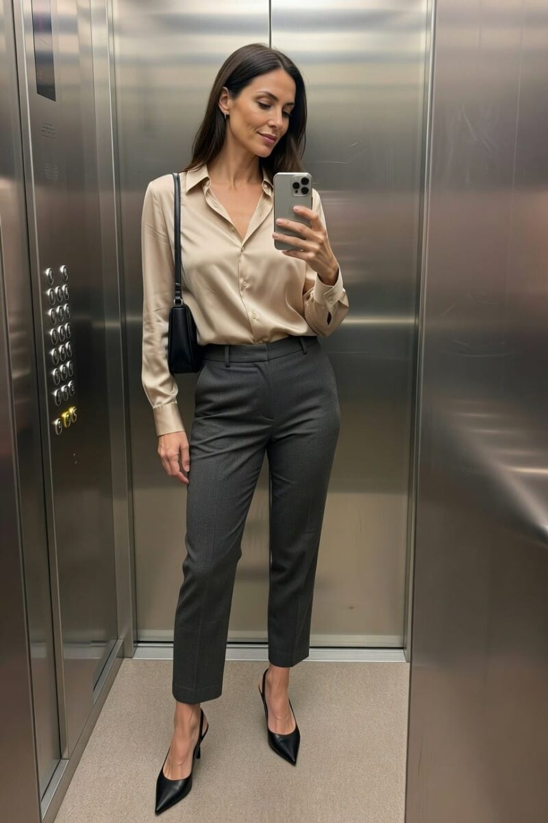 beige shirt and grey trousers