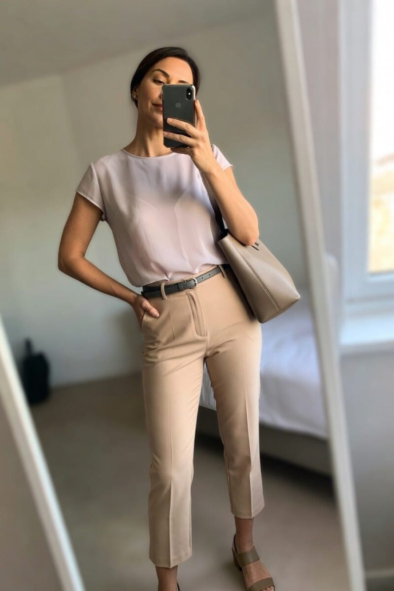 light pink top and cropped beige pants