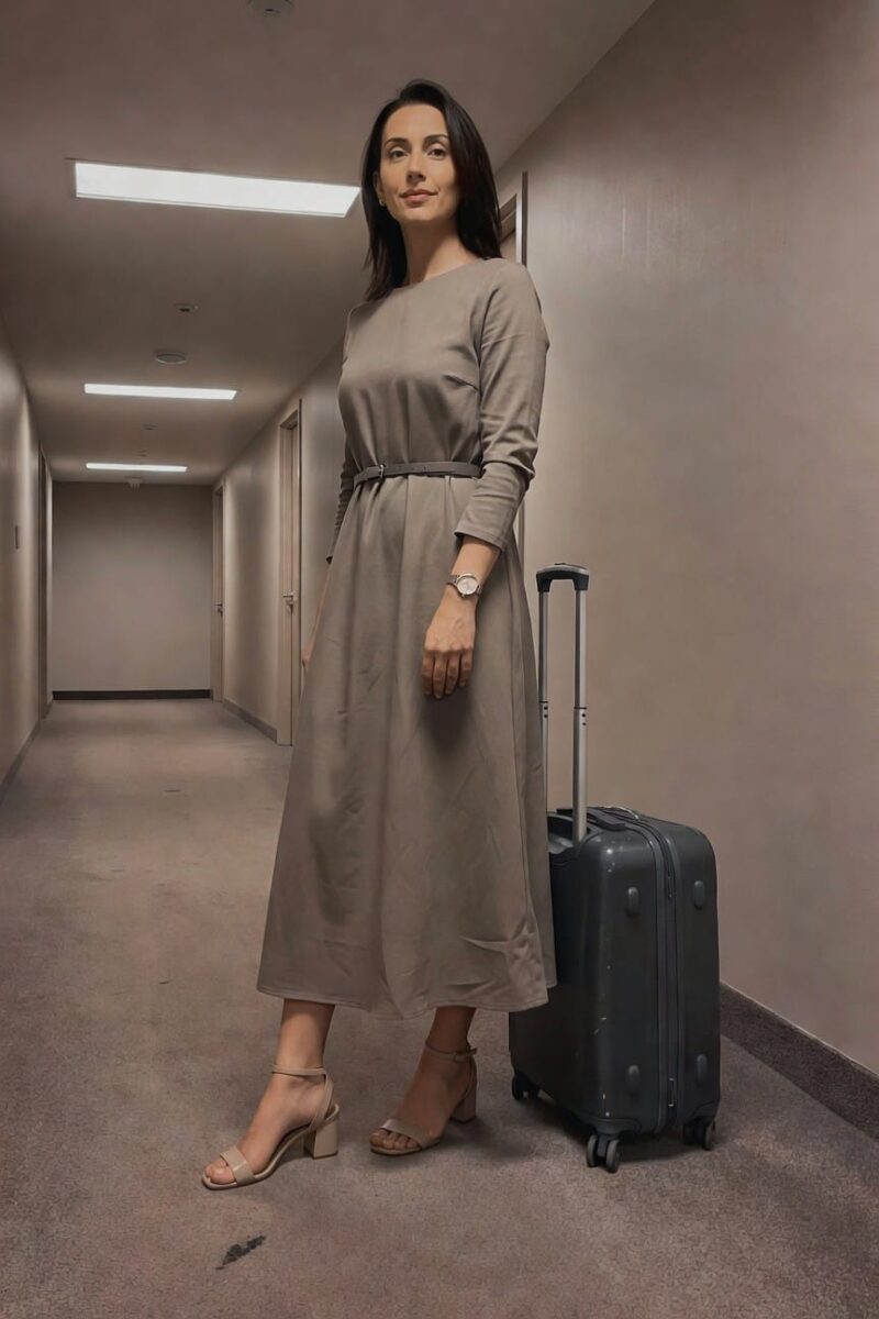 belted midi dress with block heel sandals