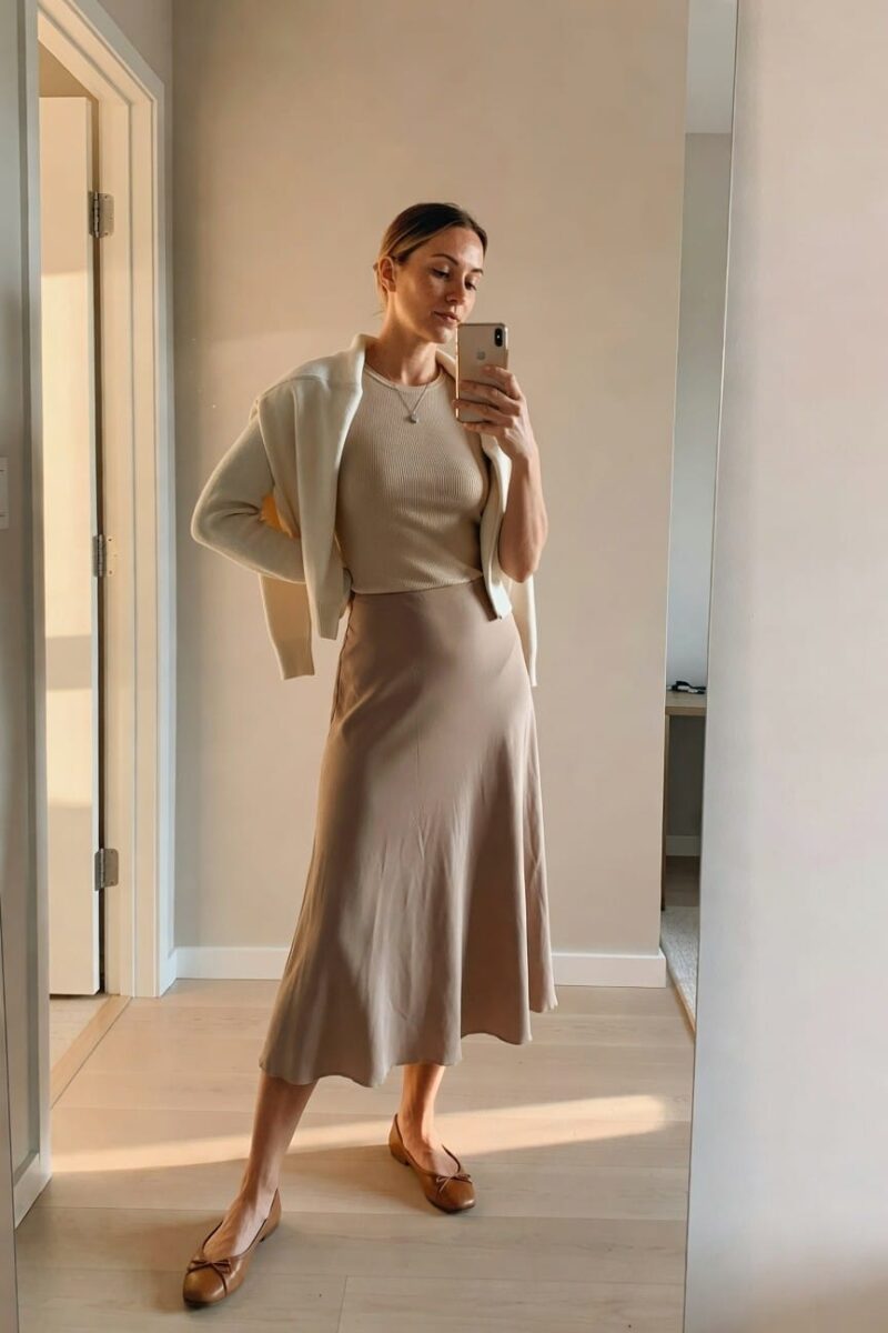 beige midi skirt with a light knit layer