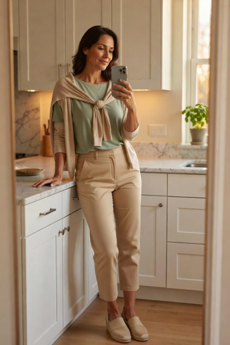 neutral pants with green top and knotted cardigan