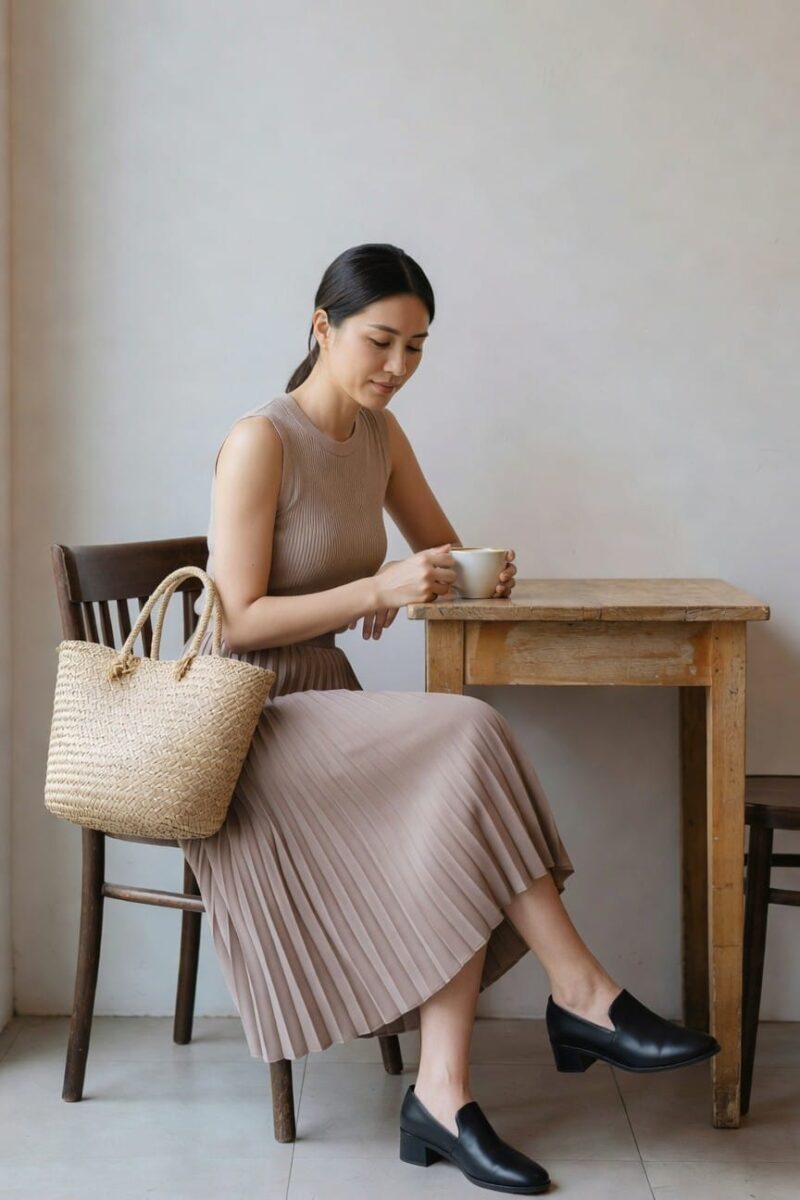 neutral sleeveless top and pleated skirt