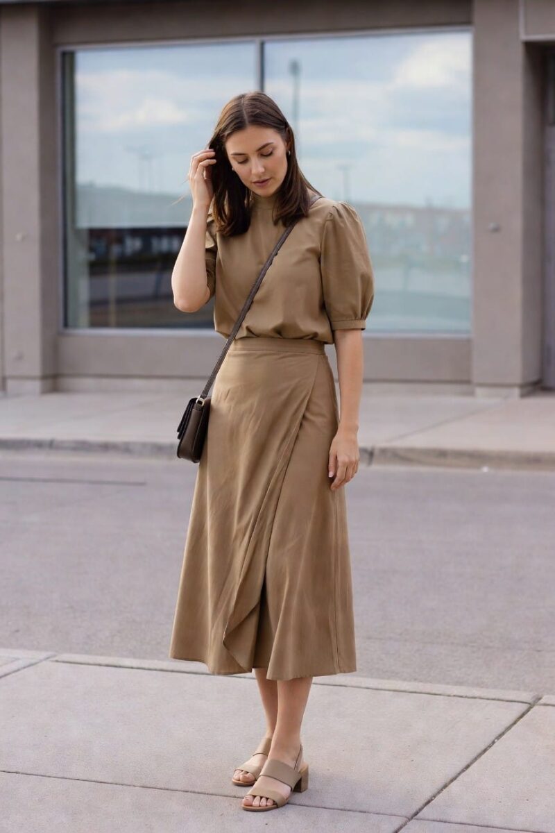 a puff sleeve blouse and midi skirt set