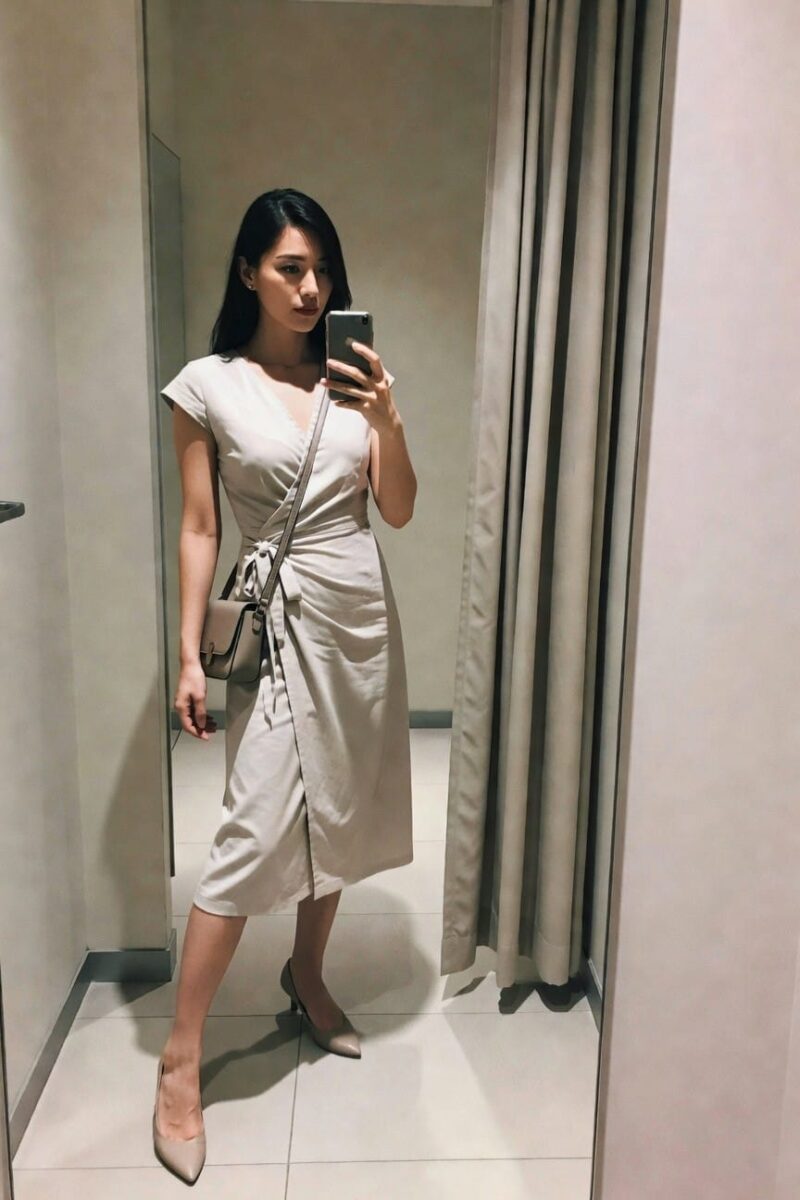 neutral wrap dress with matching heels