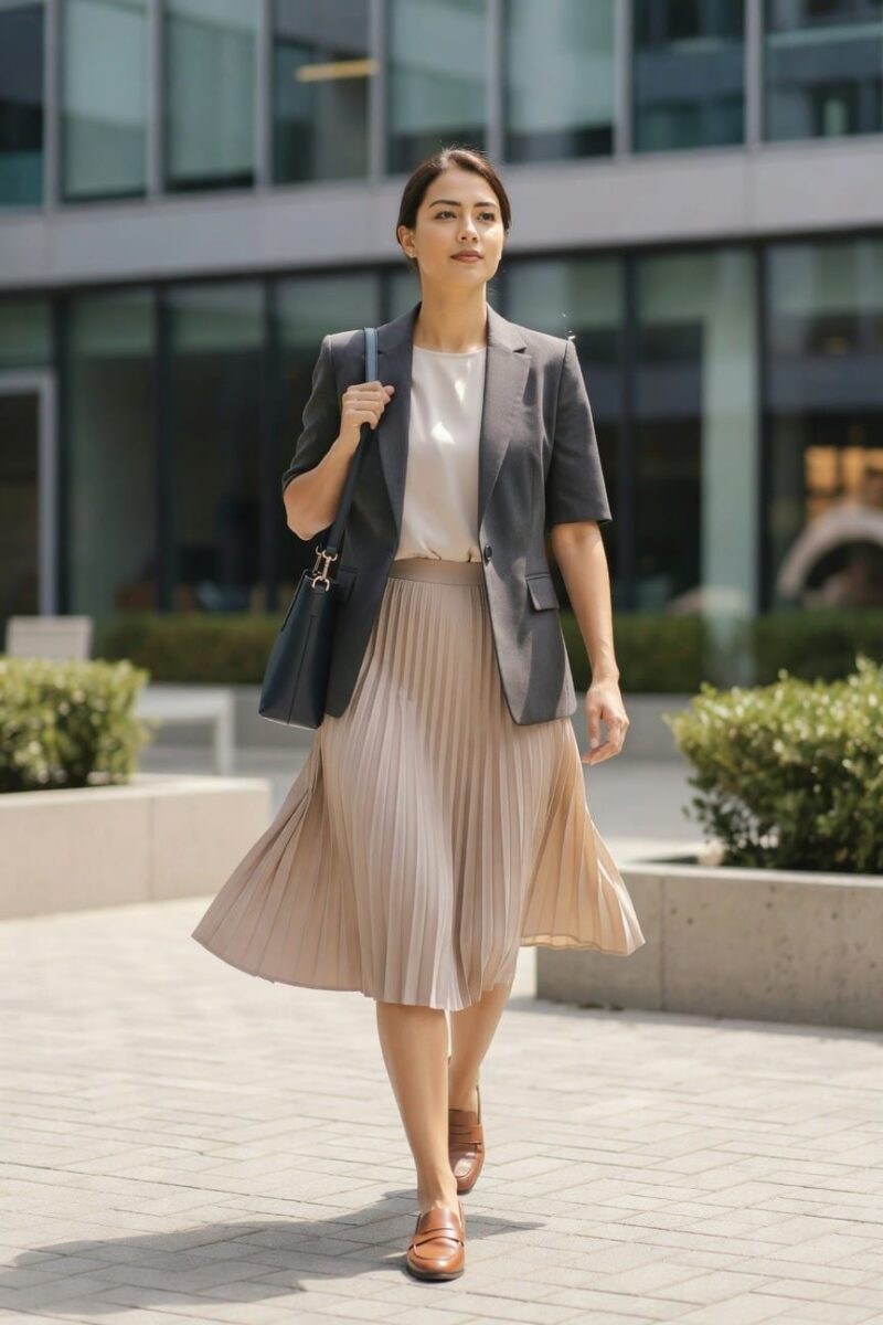 short sleeve blazer with a pleated skirt