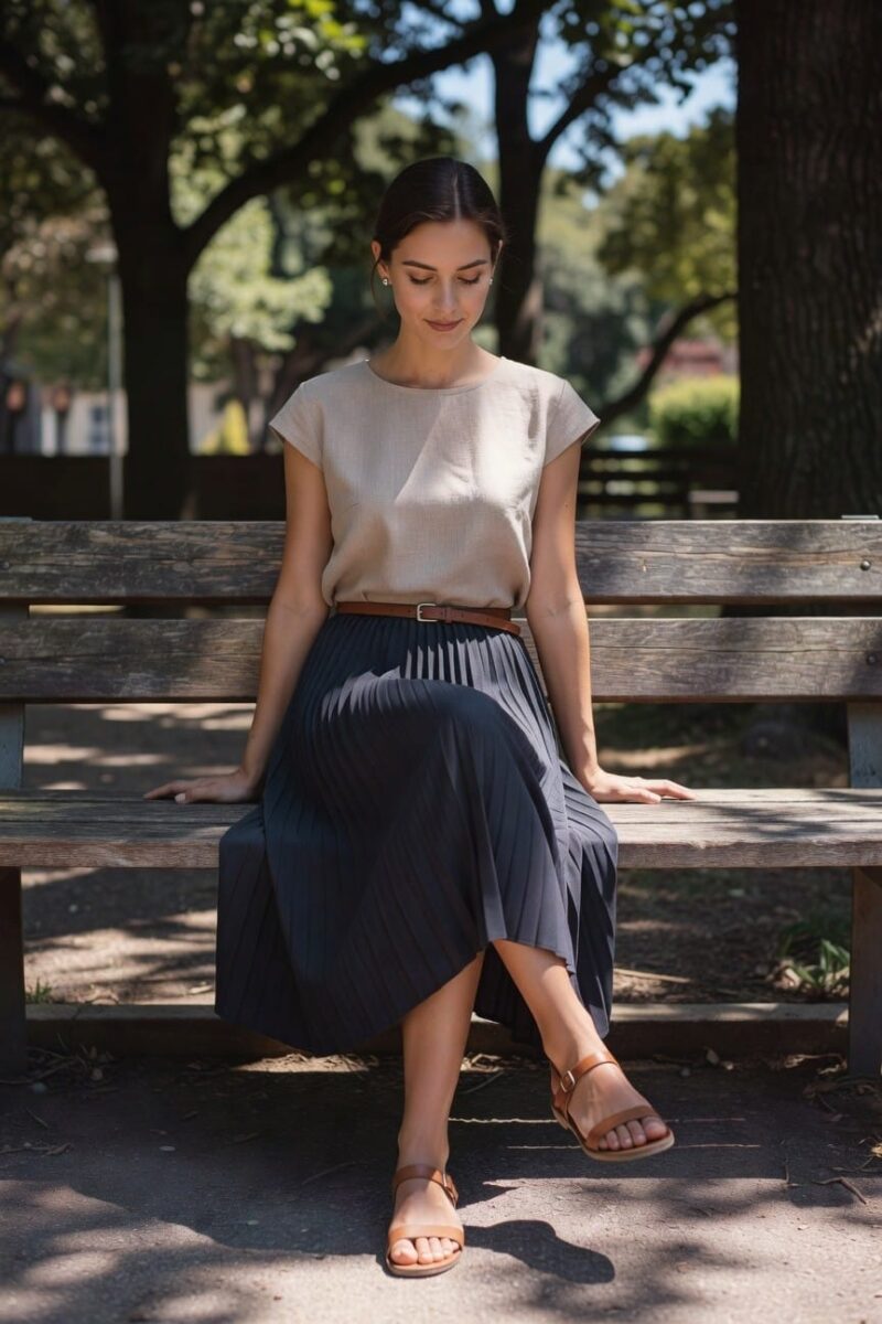neutral top and navy pleated skirt