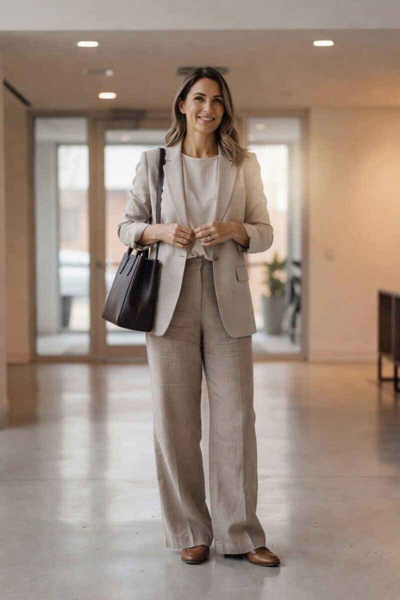light beige pantsuit for warm workdays