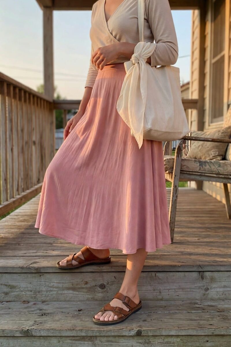 pink pleated skirt with a wrap top