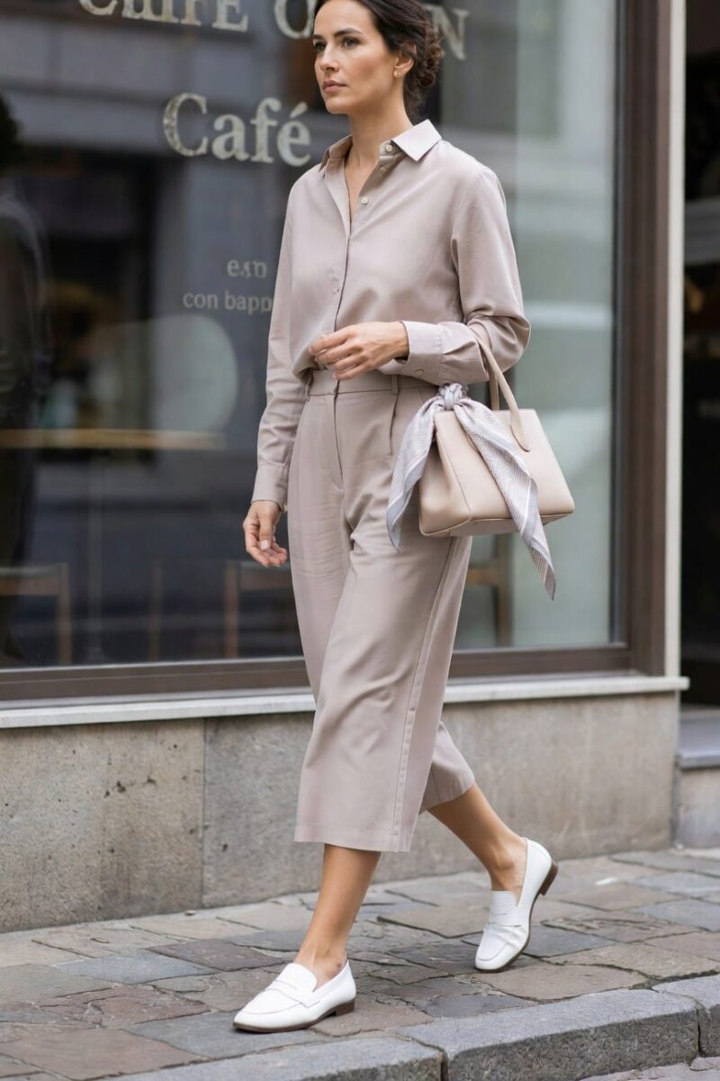 neutral shirt and culottes for the office