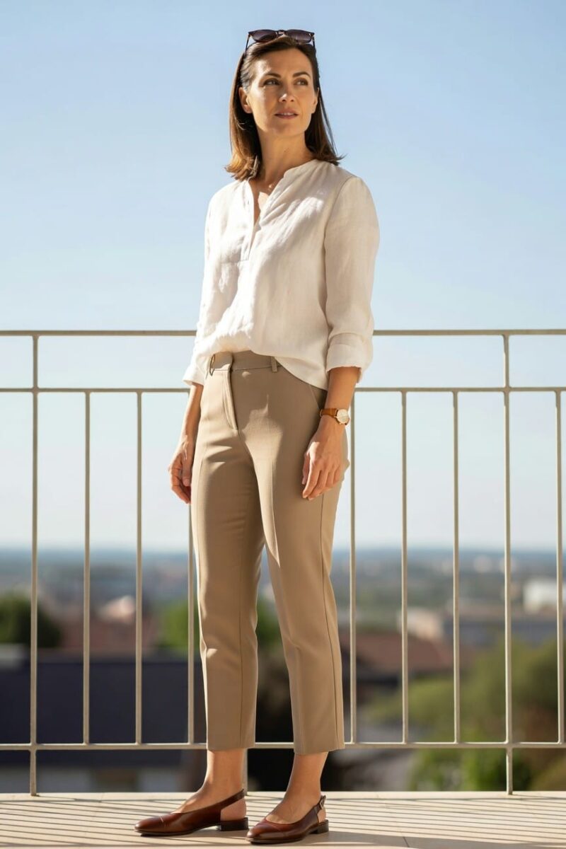 cropped beige pants and a white blouse