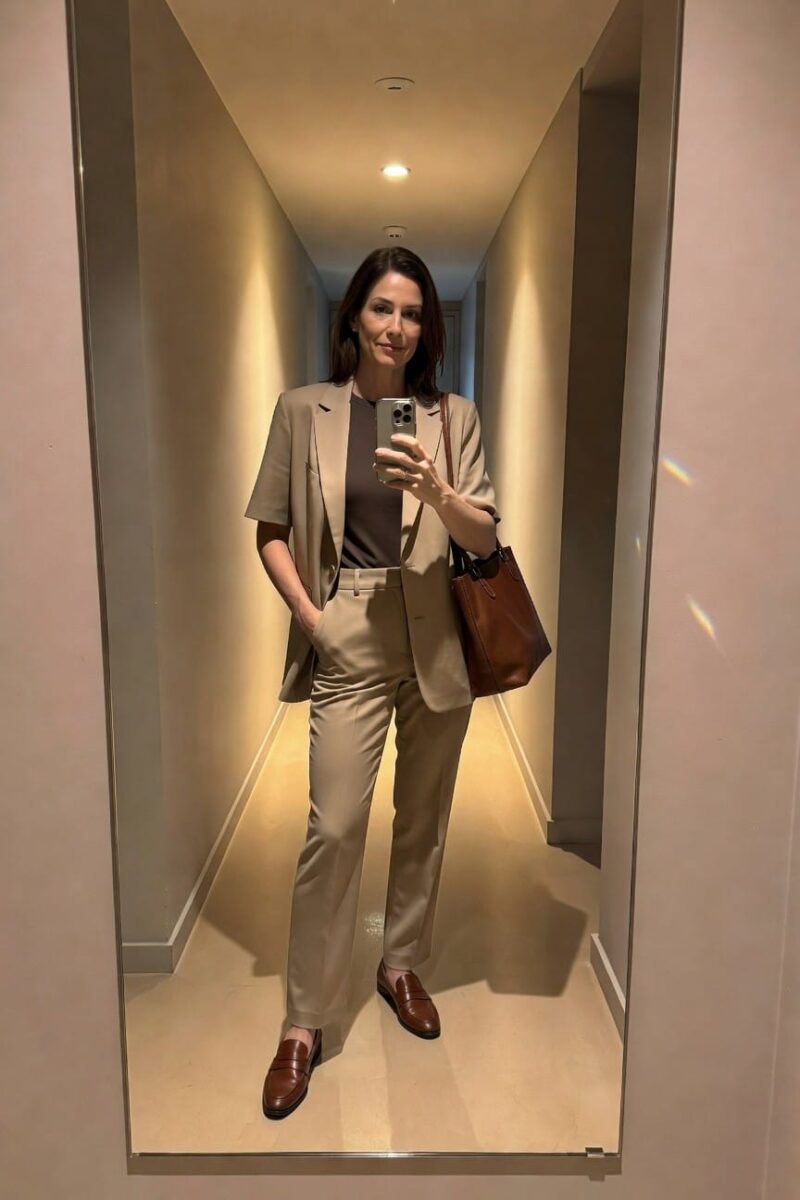 beige short sleeve blazer with matching pants