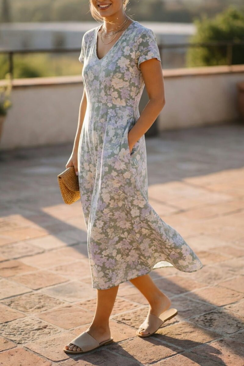 Woman in a pastel floral wrap midi dress with a pink and green print, brown flat T-strap sandals, and a woven straw bag on a park bench.