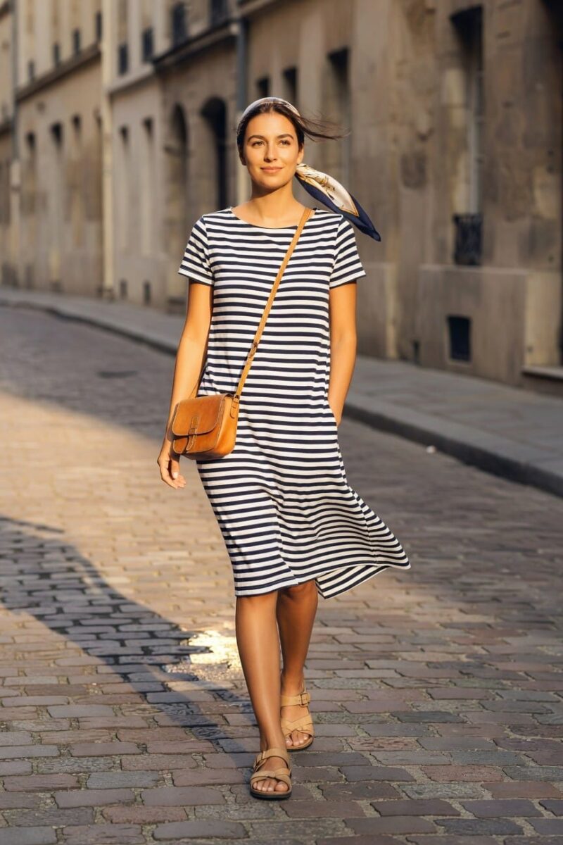 Woman in a light blue cotton midi dress with thin straps and subtle embroidery, a wide straw hat, brown strappy sandals, and stacked bracelets walking on a sunny street.