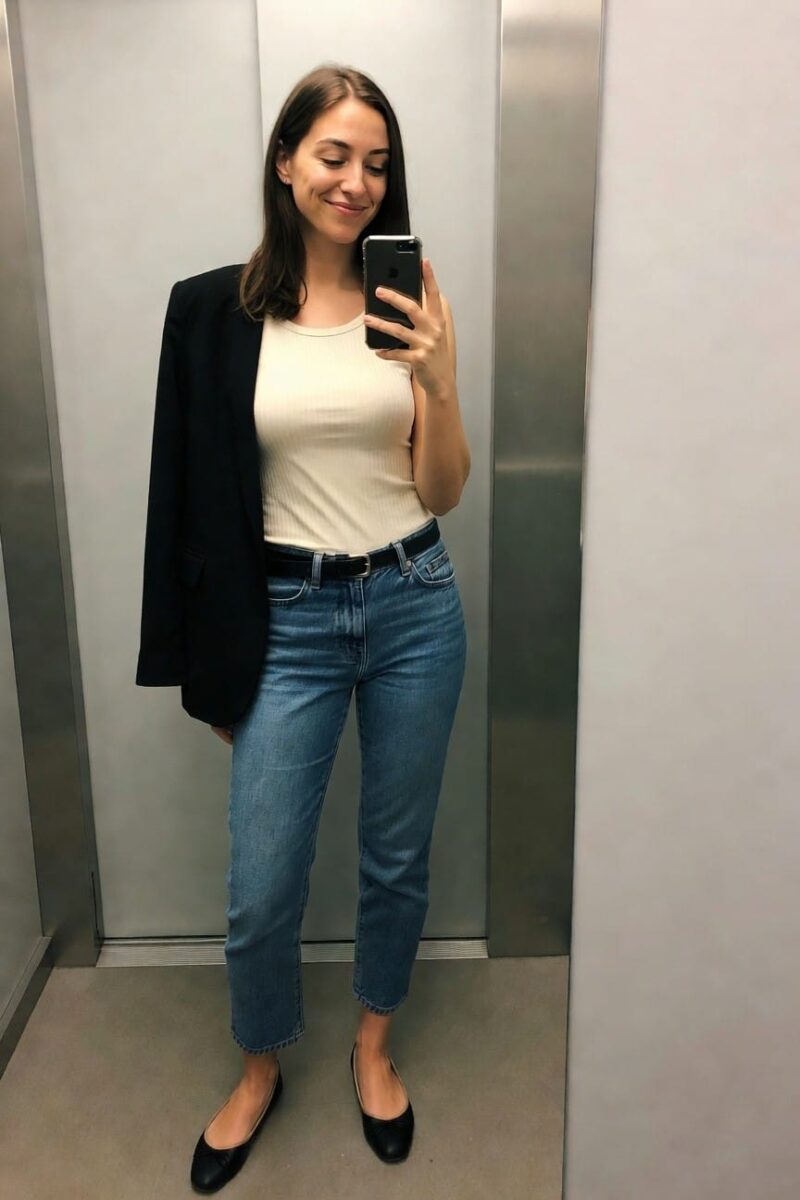 Woman in a beige satin camisole tucked into navy wide-leg cropped pants with taupe block-heel sandals, layered gold necklaces, and a brown leather bag holding a coffee cup at an outdoor café.