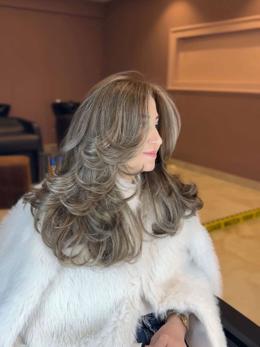 Gray beige layered blowout with rounded turned ends