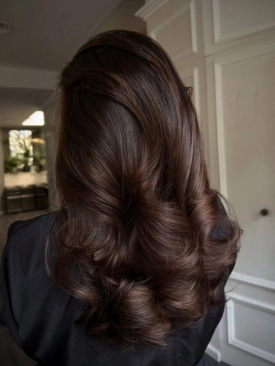 Dark brown loose twist with curled lengths left down