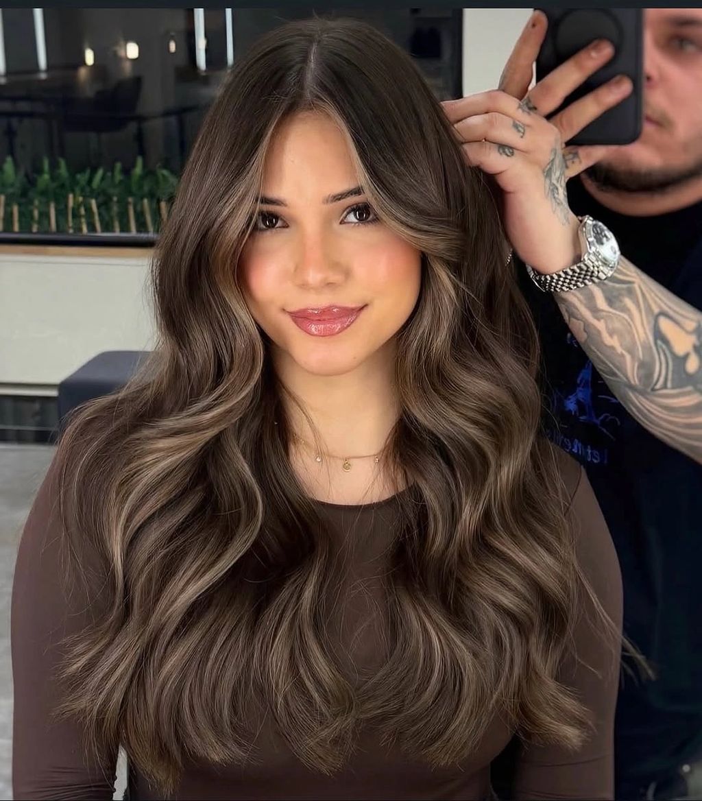 Long mushroom brown waves with soft face-framing layers | Gorgeous September Hair Colour Ideas for a Fresh Autumn Refresh