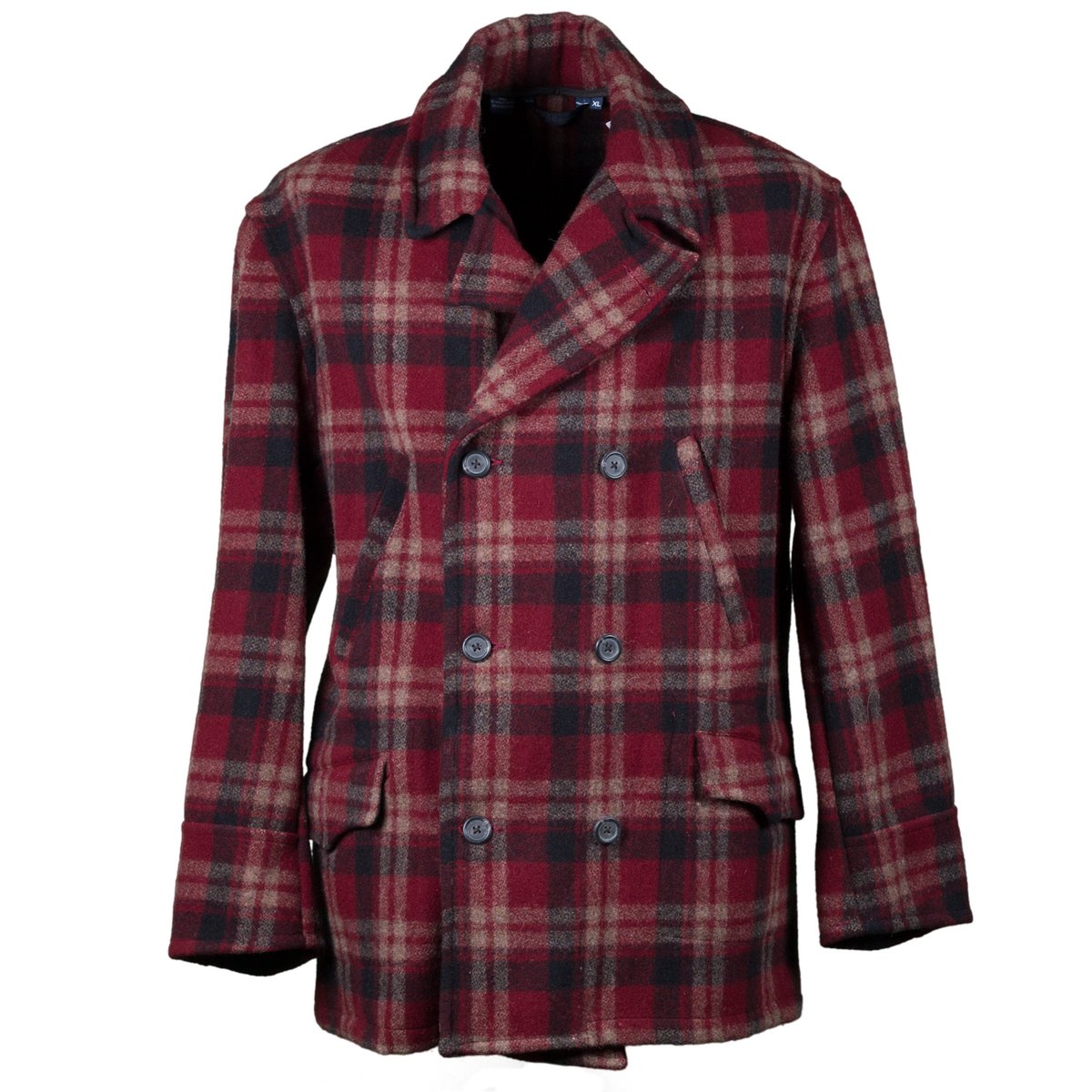 Product photo of a red, brown and black plaid double-breasted wool peacoat