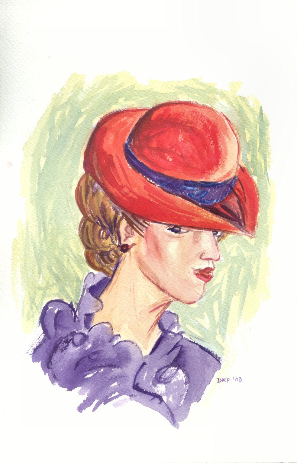 Watercolor painting of a woman wearing a red hat with a purple dress.