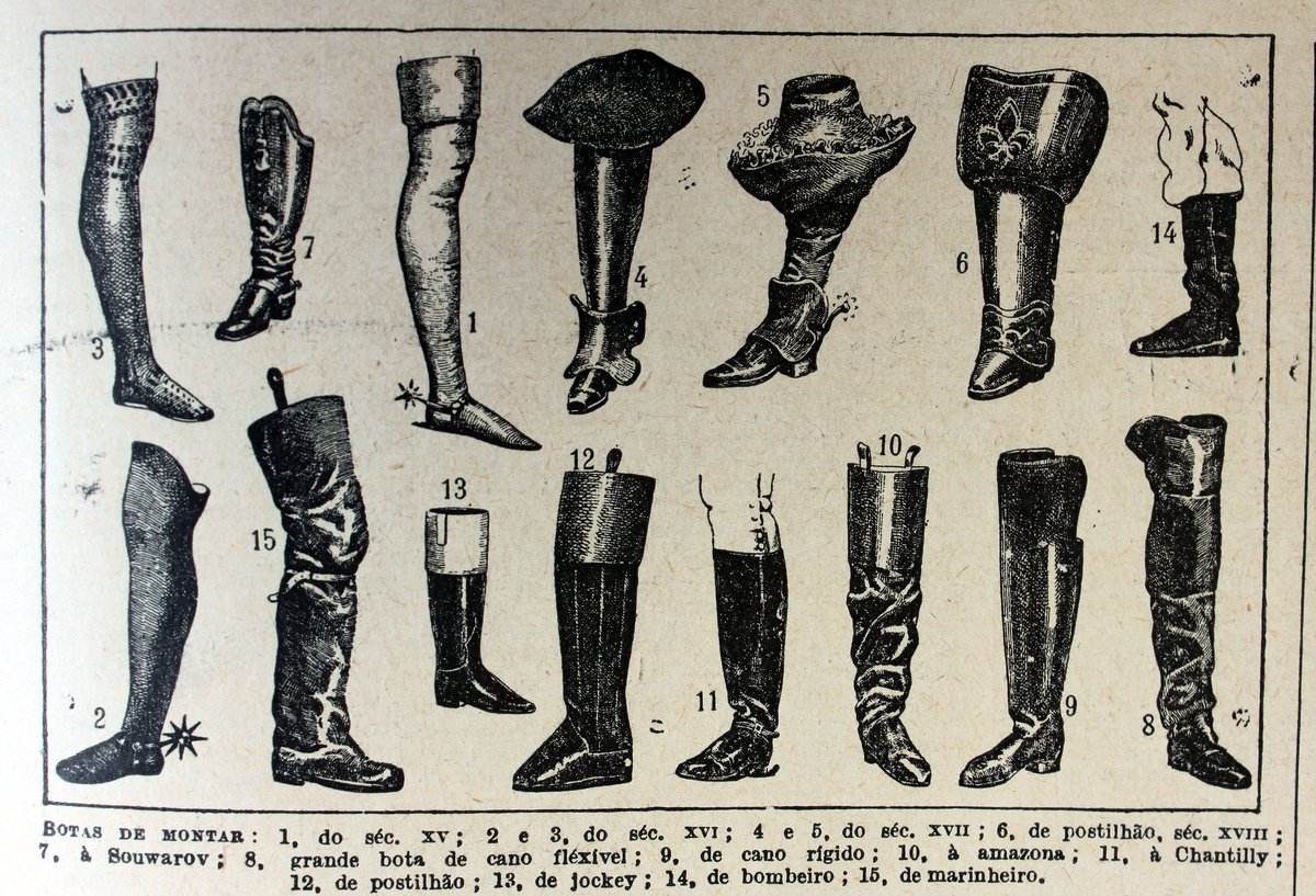 historical engraving illustrating many styles of riding boots, labeled in Portuguese