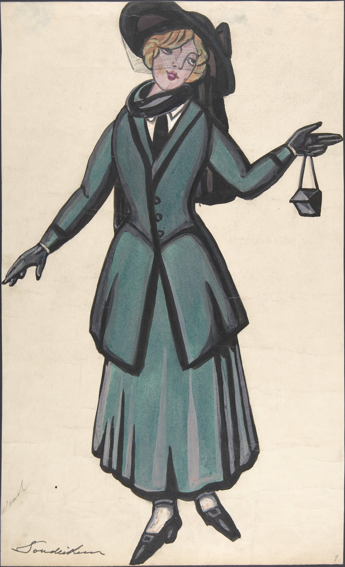 Fashion illustration of a woman wearing a blue-green tailored skirt suit with a black hat and gloves