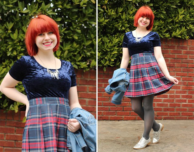 Two-photo collage of a red-haired woman wearing a blue velvet crop top with a red-and-blue plaid pleated skirt, black tights and metallic sneakers, holding a denim jacket.