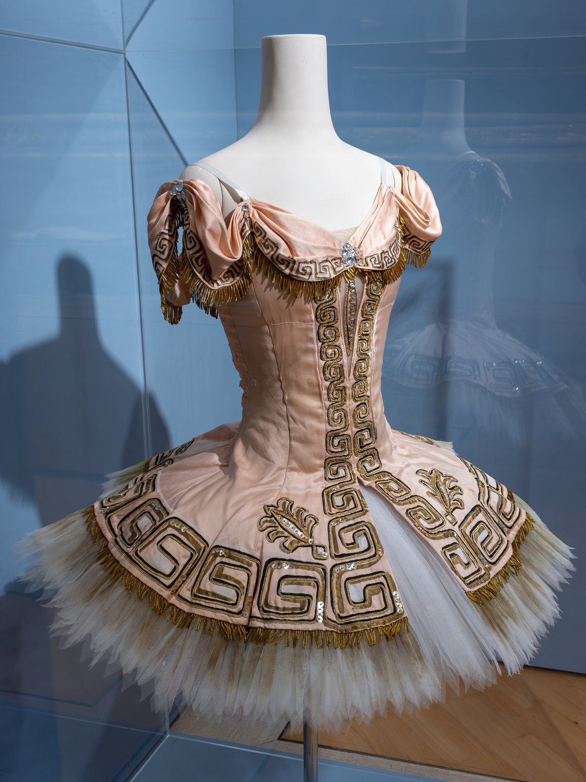 Blush embellished tutu on museum display